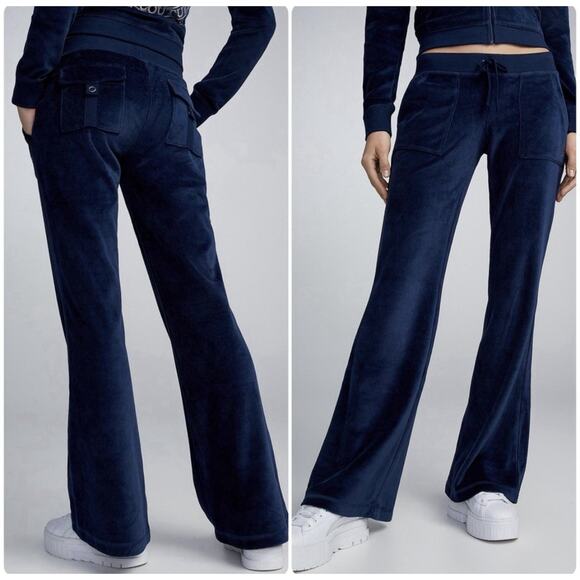 Vintage Juicy Couture Y2K Low Rise Velour Track Pants M Navy Blue Snap Pockets - Picture 1 of 15